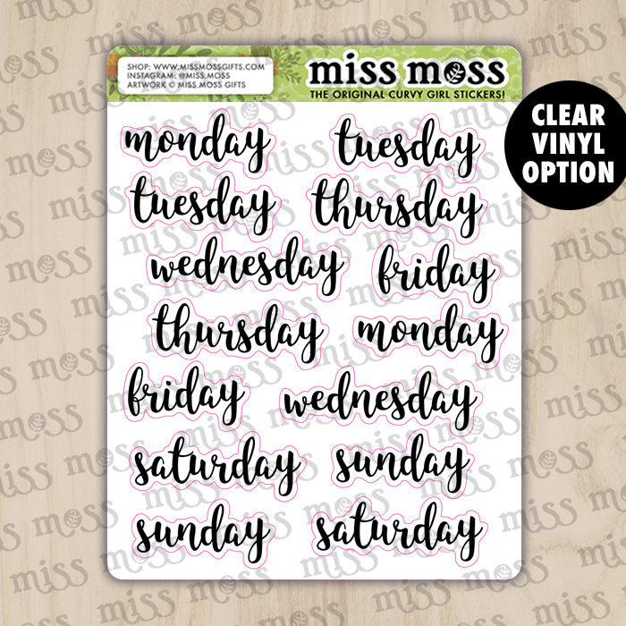 Days of the Week Script Lettering Planner Stickers