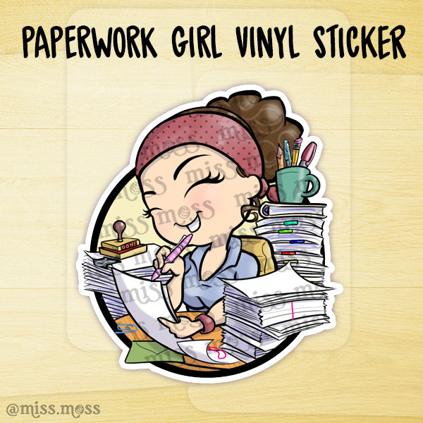 Busy Paperwork Girl Large Vinyl Sticker – Miss Moss Gifts